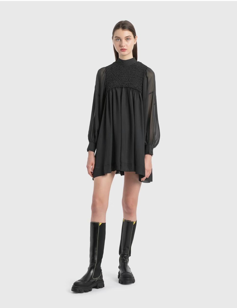 NEW Ganni Women's Smock Chiffon Mini Dress Black Phantom Gray NWT Size 34/ US 2